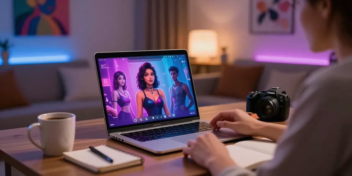 Engaging AI sex chat environment with a user interacting with animated characters on a laptop, cozy and inviting ambiance.