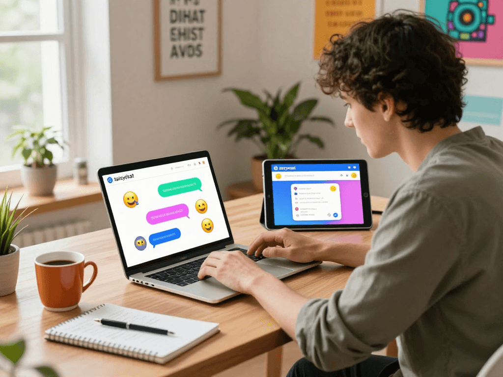 User engaging with spicychat on multiple devices in a cozy home office environment, showcasing vibrant communication.