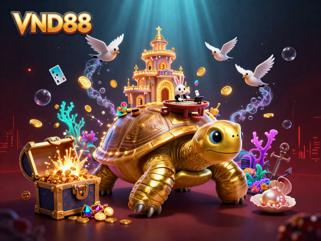 Engage with thrilling moments at VND88's vibrant casino adventure featuring a golden tortoise and a rabbit dealer.