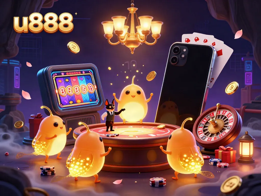 Engage with the thrilling games at u888 as glowworms illuminate a vibrant cave casino with casino games.