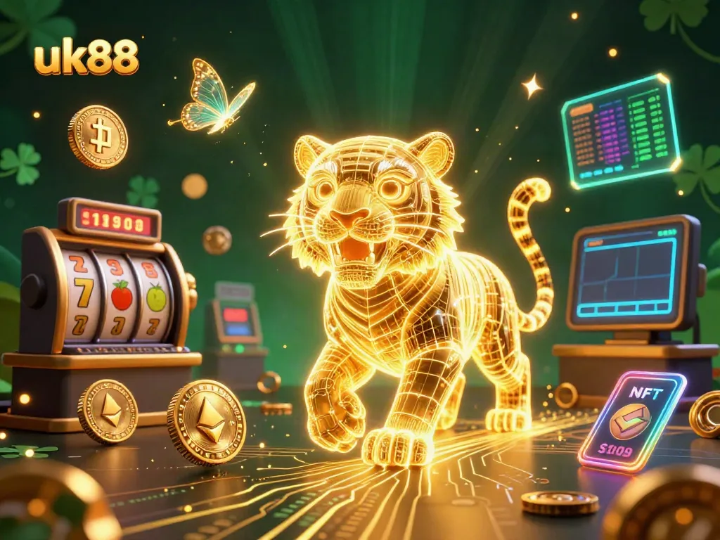 Experience thrilling gaming at uk88 with a vibrant digital casino landscape featuring a golden tiger and cryptocurrencies.