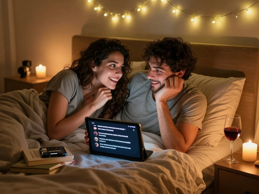 Couple exploring ai dirty talk prompts in a romantic bedroom setting, enhancing intimacy.