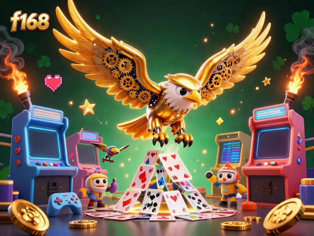 Experience thrilling gameplay with f168, featuring an exciting 3D golden eagle amidst holographic cards.