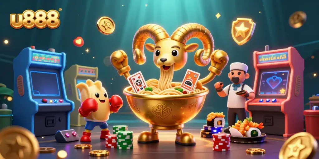 u888 showcases a vibrant casino scene with a giant ramen bowl and playful characters engaged in exciting gambling activities