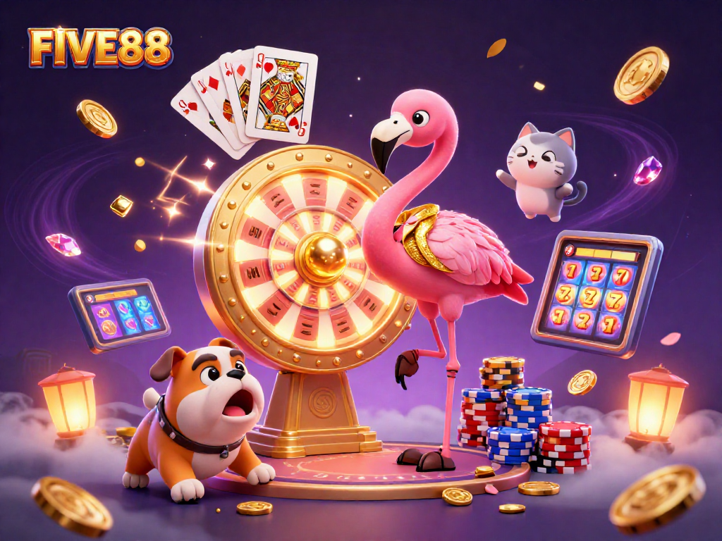 Engage with FIVE88's exciting gaming action as the flamingo host spins the prize wheel in a vibrant casino scene.