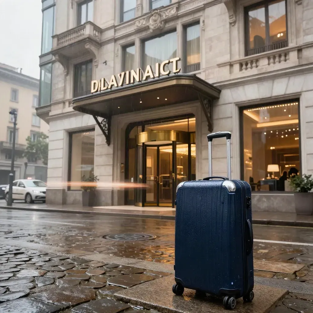 Valigia navy davanti a un hotel milanese bagnato dalla pioggia al crepuscolo