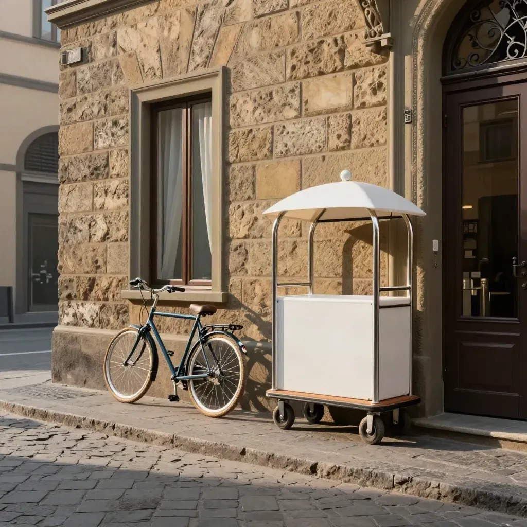 Facciata di hotel fiorentino in pietra, biciclette e carrello bagagli su selciato all’alba