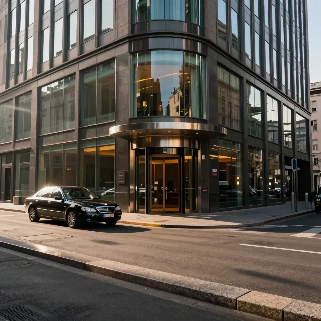 Hotel business vicino a Termini con auto nera al marciapiede e lobby vetrata al tramonto.