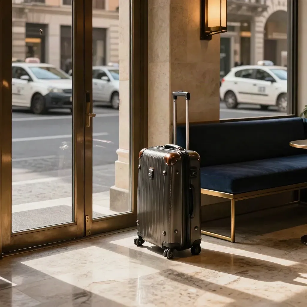 Lobby di hotel business romano in pietra lucida, valigia all’ingresso e taxi riflessi fuori.
