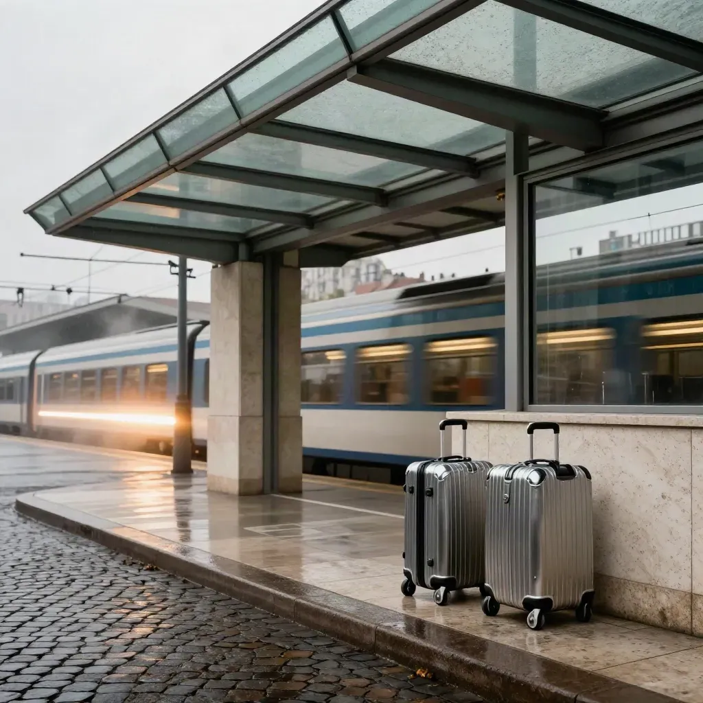 Hotel vicino a Centrale con pioggia leggera, carrelli bagagli e luce di treno