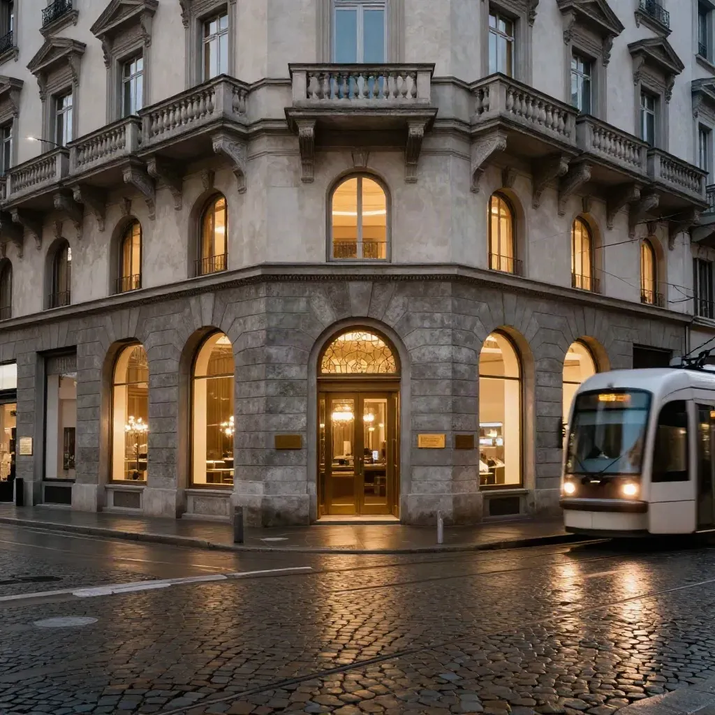 Hotel elegante a Torino Porta Nuova al blue hour, con tram e finestre accese nella piazza.