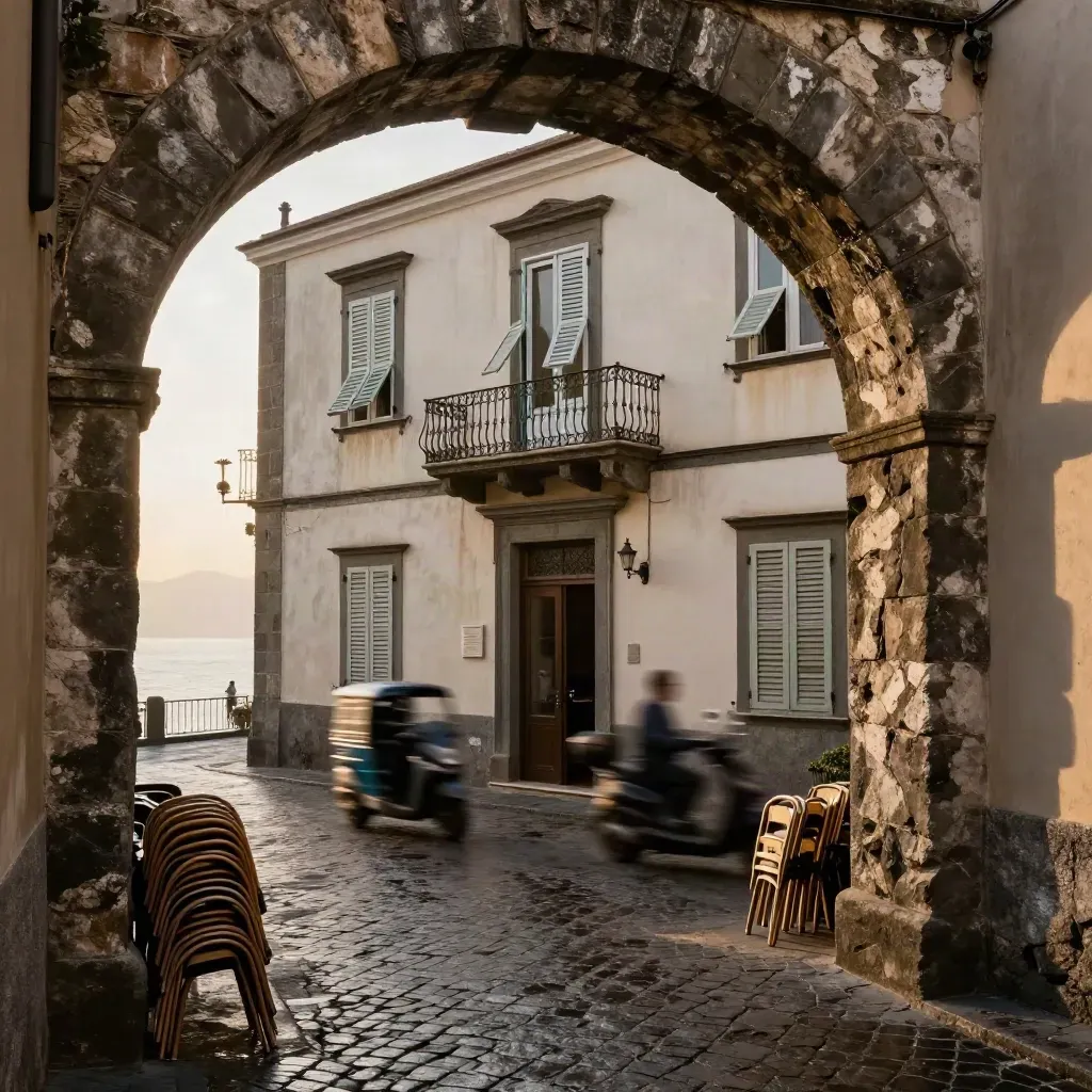 Hotel nel centro storico di Napoli con balcone in ferro e vicolo con motorini sfocati
