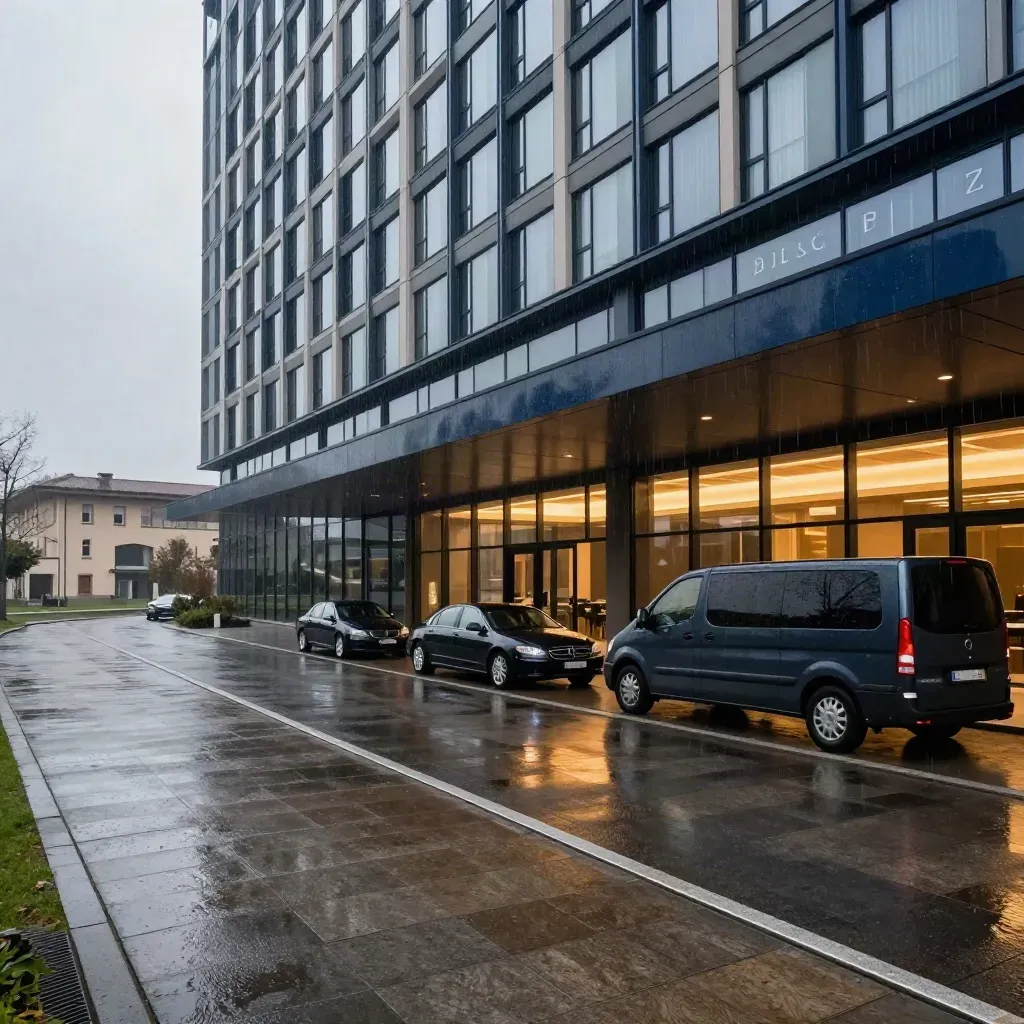 Hotel moderno vicino a Bologna Fiera con ingresso in vetro, auto e pioggia fine.