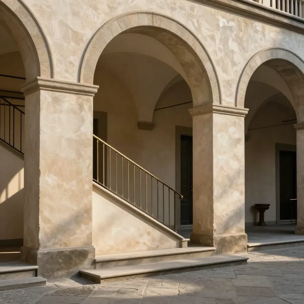 Cortile interno di hotel a Firenze, archi in pietra e scala baciati dal sole del mattino.