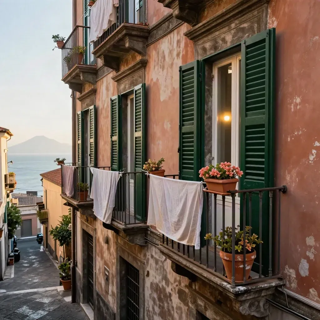 Balcone stretto nel centro storico di Napoli con persiane aperte, bucato e mare lontano.