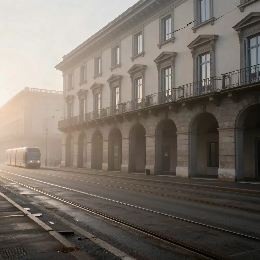 Hotel classico vicino a Porta Nuova immerso nella nebbia dell’alba, binari del tram e finestre accese.