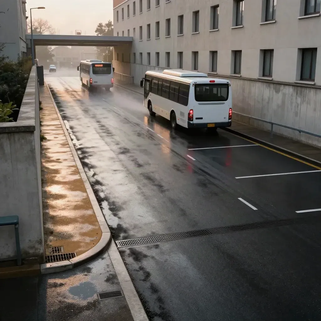 Rampa di parcheggio hotel bagnata a Venezia Mestre con shuttle in curva sotto luci serali.