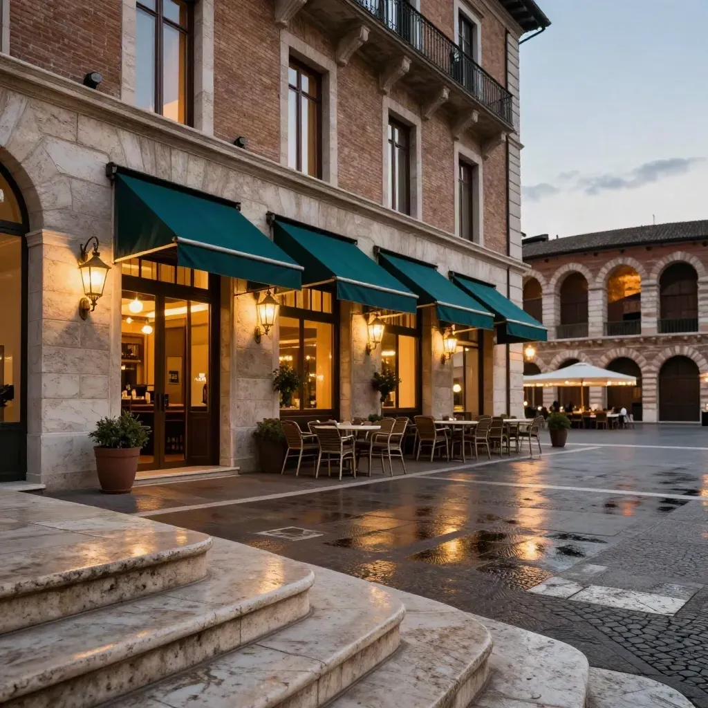 Hotel a Verona vicino all’Arena al crepuscolo, facciata in pietra e piazza illuminata.