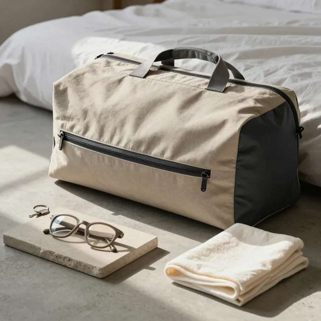 Borsa weekender, astuccio occhiali, chiavi e panno crema su vassoio in pietra.