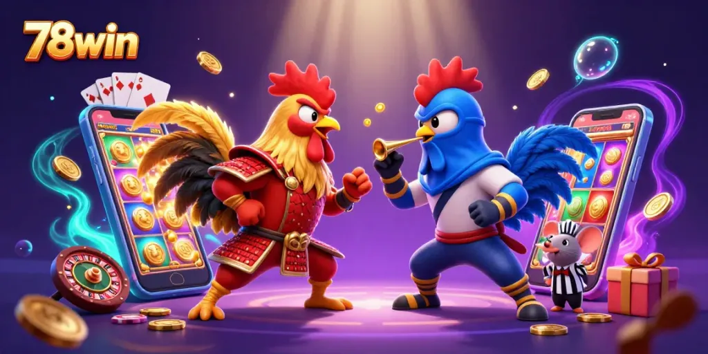 78win showcases twin roosters in an intense standoff amidst dynamic casino elements.