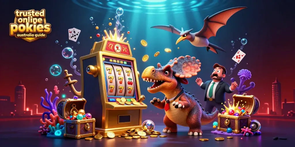 Engaging scene showcasing trusted online pokies Australia guide with cartoon dinosaurs at a vibrant slot machine.