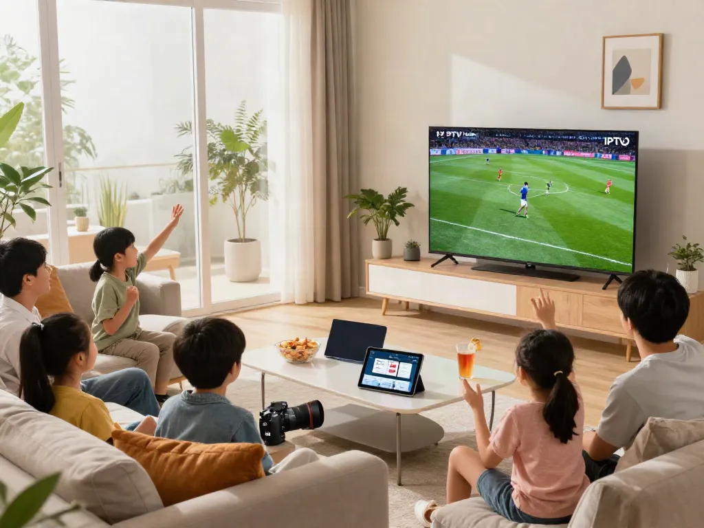 Family enjoying IPTV Italia live sports in a modern living room with a smart TV.