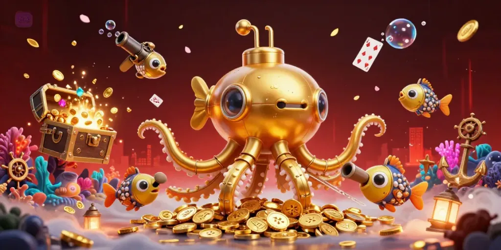 Experience the thrill of u888 with a vibrant 3D visual of a golden kraken submarine surrounded by gold coins and colorful gems.