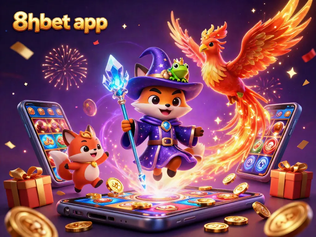 Experience the excitement of the 8xbet app with a wizard fox and phoenix in a dynamic casino scene.