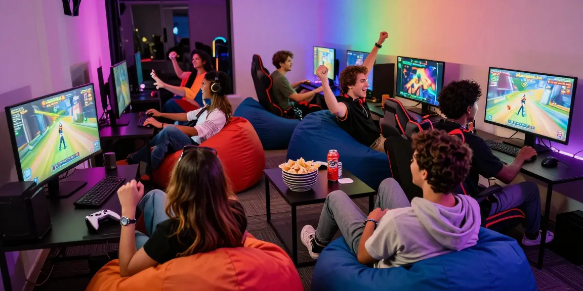 Engaged friends playing browser-based gay sex game in a colorful gaming lounge.