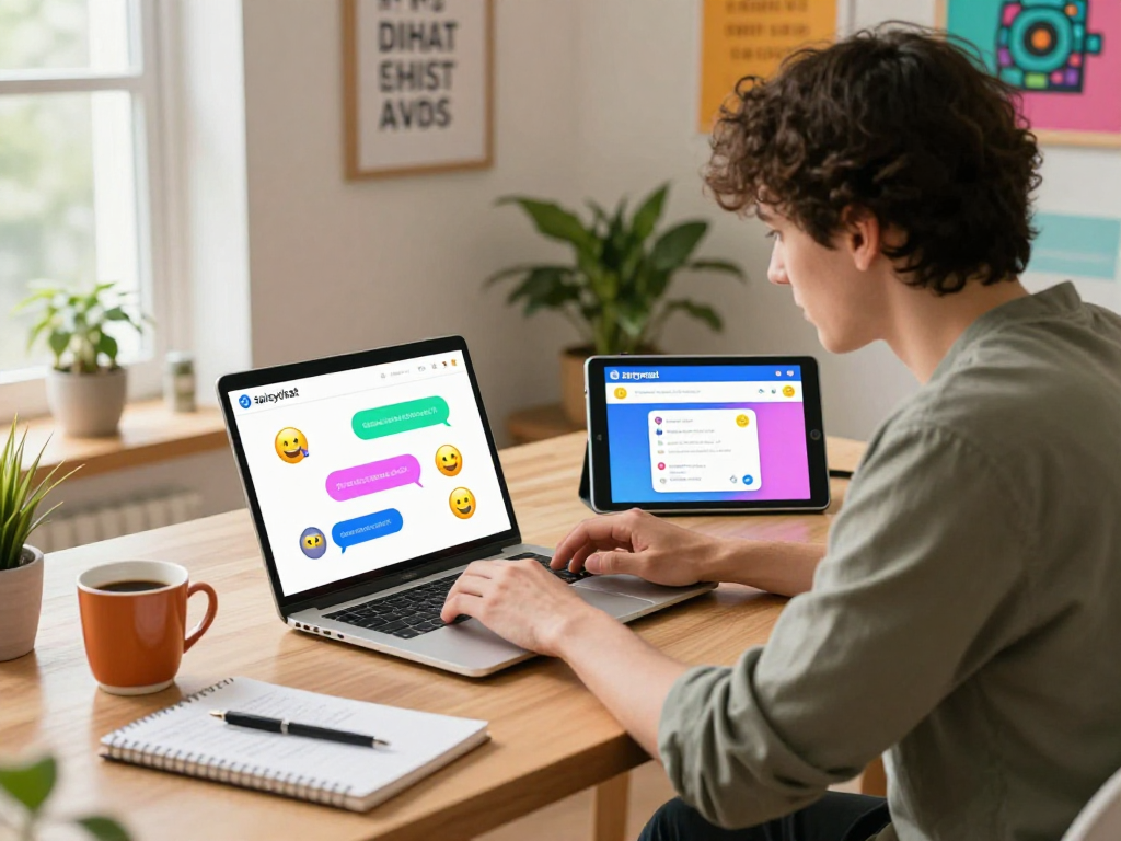 User engaging with spicychat on multiple devices in a cozy home office environment, showcasing vibrant communication.
