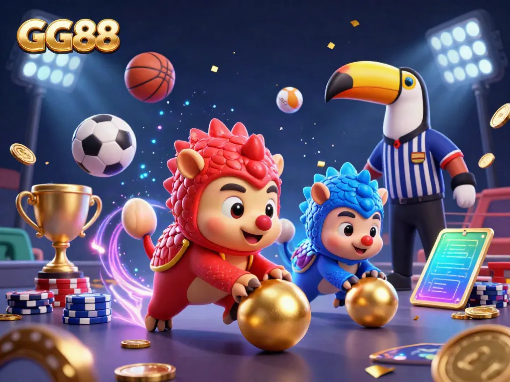 Experience thrilling GG88 gameplay with rival pangolins in action, surrounded by sports elements and a toucan referee.