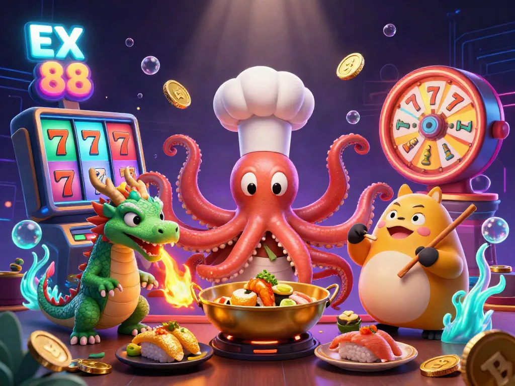 Engage with the thrill of EX 88 as a cartoon sushi chef octopus and friends create winning dishes and vibrant slots.