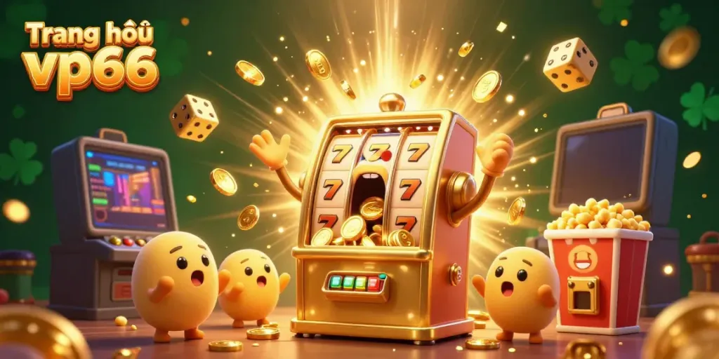 Experience the excitement of Trang chủ vp66 with coins pouring from a joyful golden slot machine amidst a vibrant casino scene.