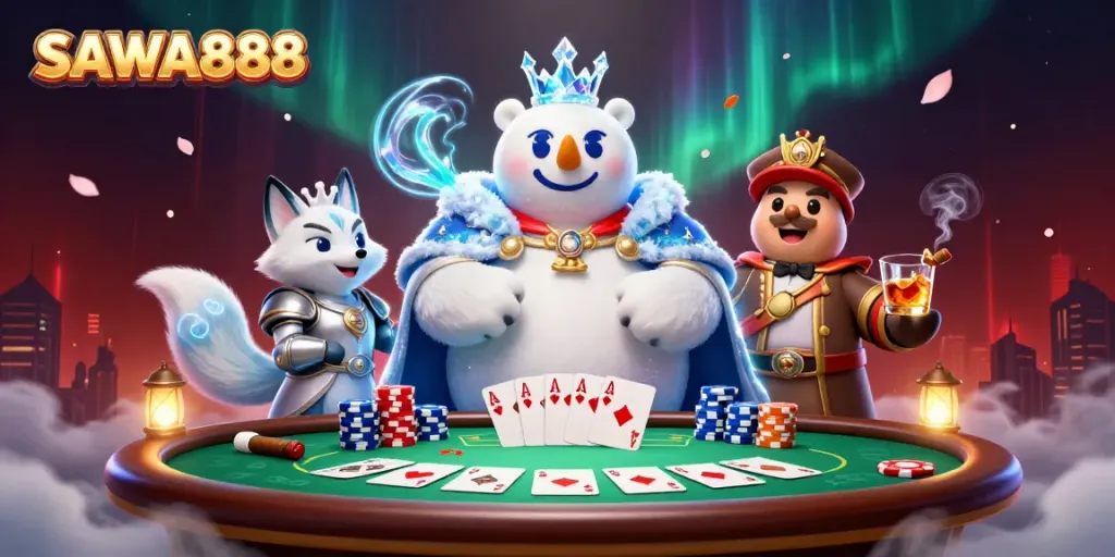 Engage at the SAWA888 poker table with dynamic characters and vibrant casino elements.