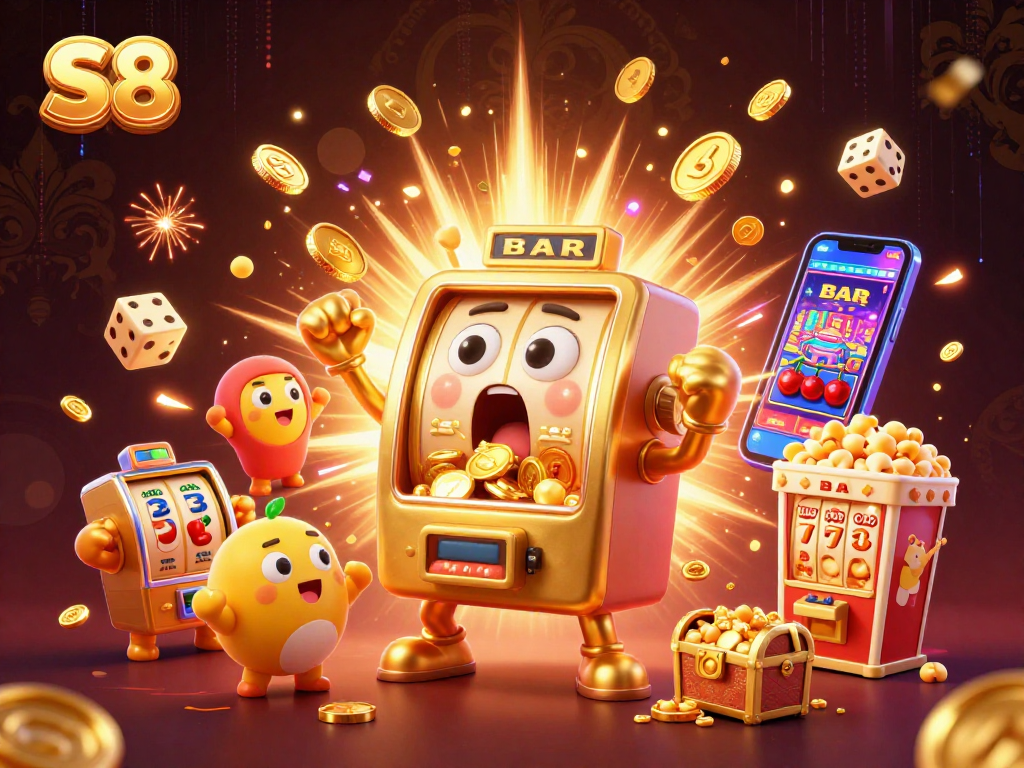 Experience the thrill of S8's exciting jackpot moments with vibrant slot machines and gold coins bursting forth.
