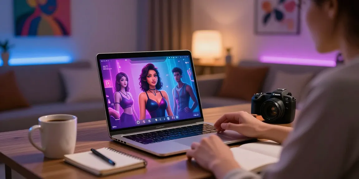 Engaging AI sex chat environment with a user interacting with animated characters on a laptop, cozy and inviting ambiance.