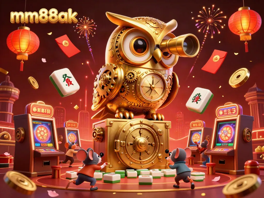 Engage with the vibrant mm88ak casino scene featuring a golden owl and lively slot machines.